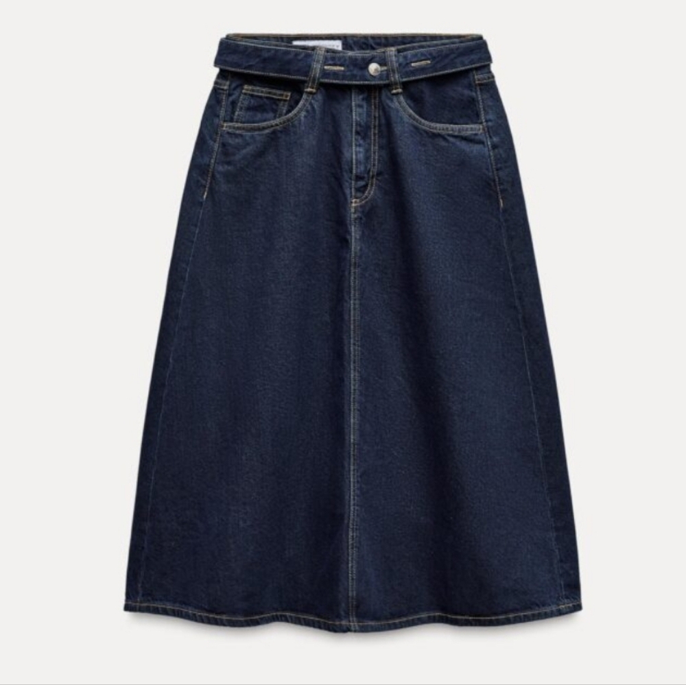 ZARA Classic Dark Wash Denim A-Line Belt Midi Skirt XS